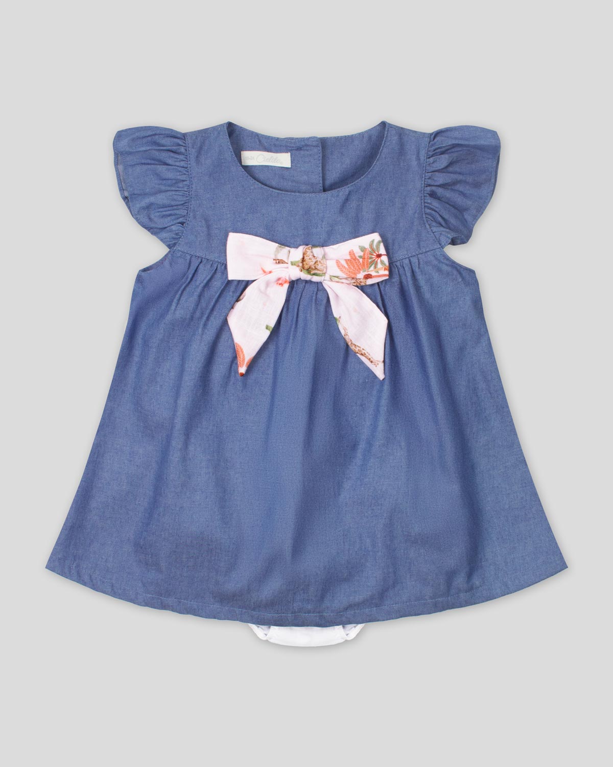 Vestido body en chambray azul de mangas con boleros y moño estampado para bebé niña