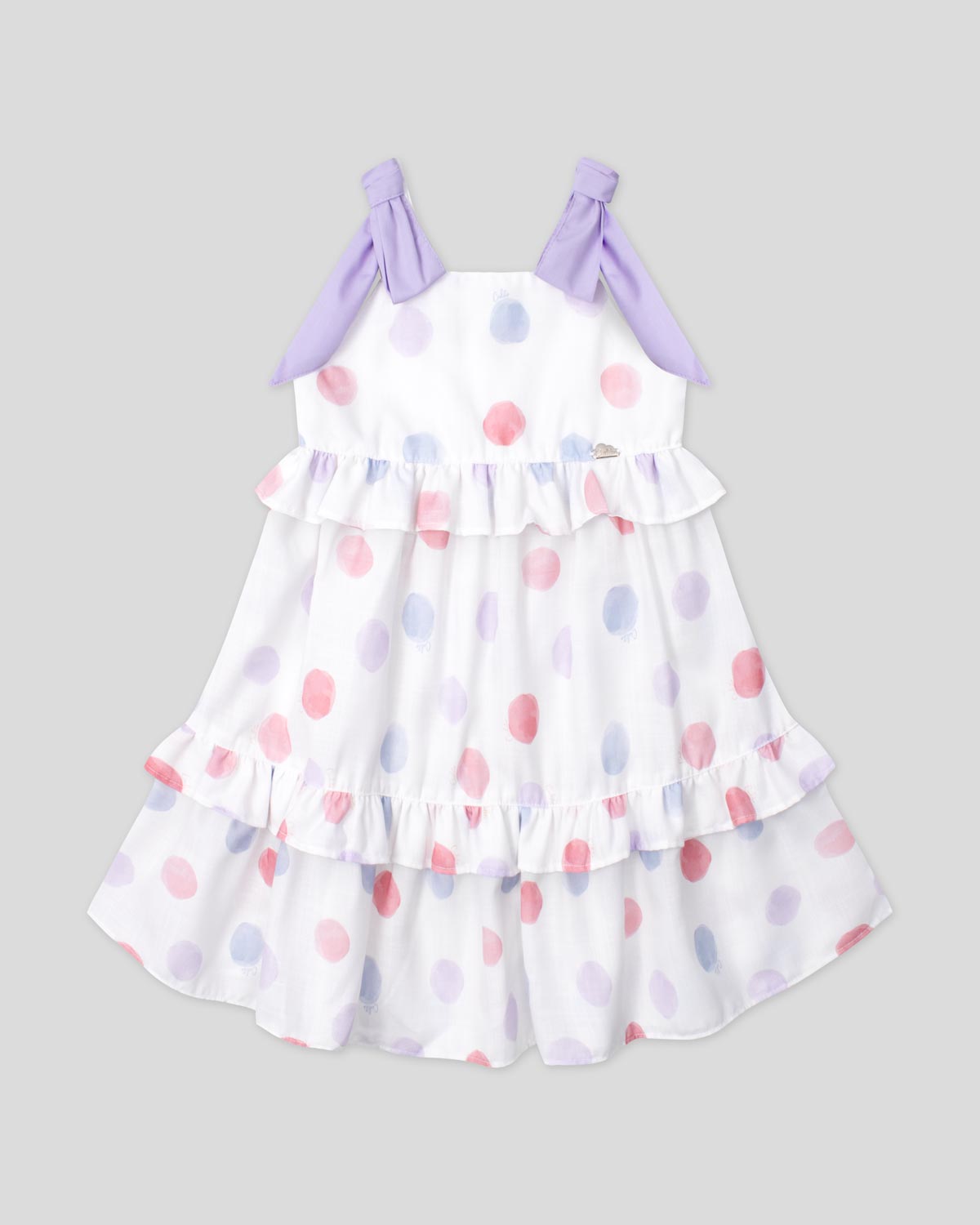 Vestido en lino estampado con lunares y tiras con moños lila para niña